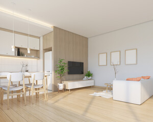 Wall Mural - Modern japan style living room decorated with minimalist tv cabinet and sofa set, kitchen and dining table set, white wall and wood slat wall. 3d rendering