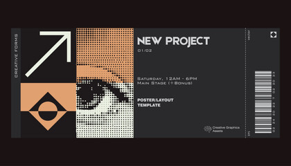 Poster - Modern exhibition ticket template layout made with abstract vector geometric shapes. Brutalism inspired graphics. Great for branding presentation, poster, cover, art, tickets, prints, etc.