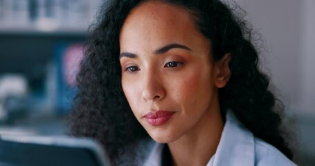 Poster - Science, research and woman with tablet in laboratory for medical analysis and innovation in lab. Pharmaceutical analytics, medicine study and technology, scientist checking internet data or results.
