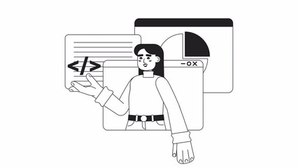 Fototapete - Animated mono web development course. Online programmer 2D black and white flat character 4K video footage with alpha channel transparency. Thin line art concept animation for web design