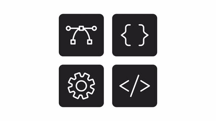 Fototapete - Animated mono web develop buttons. Website, app build. Black and white thin line icons 4K video footage for web design. Monochromatic isolated flat elements animation with alpha channel transparency