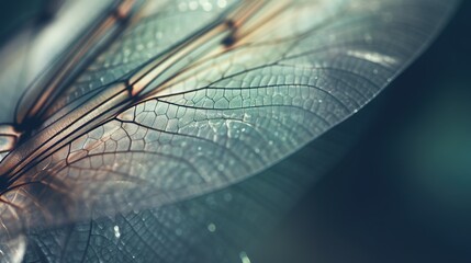 Poster -  a close up of a leaf with water droplets on it's wings and a blurry background of the leaves is shown in the foreground.  generative ai