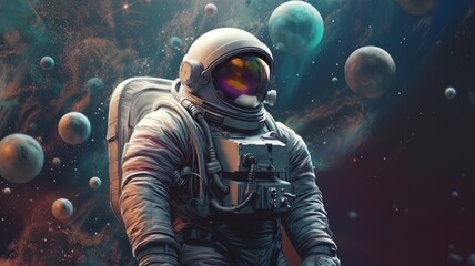 Wall Mural - Beautiful painting of an astronaut in a colorful bubbles galaxy on a different planet. Created with generative technology. Generative ai