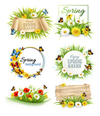 Poster - Set of spring sale banners and frames with colorful spring flowers and butterflies. Vector.