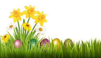 Poster - Easter Holiday Background. Colofrul eggs in green grass and  spring flowers. Vector.