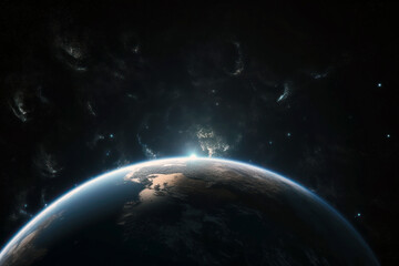 Planet Earth cutvature. Aerial view of blue planet from space. Sunrise over city lights. Generative AI