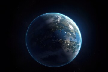 Wall Mural - Planet Earth cutvature. Aerial view of blue planet from space. Sunrise over city lights. Generative AI