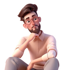 3D icon avatar cartoon hipster character, stylish pensive man with beard, cartoon close up portrait on isolated on transparent png background. Generative ai