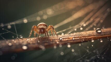  a close up of a spider on a wooden surface with drops of water on the spider's back and legs, with a blurry background.  generative ai