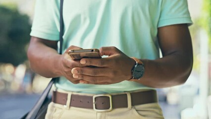 Aufkleber - Phone, time and hands of business man in city waiting for lift, taxi service and transport typing on smartphone. Communication, network and male worker check watch for planning, schedule and commute