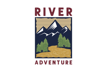 Wall Mural - Vintage Mountain Pine Forest with Creek River for Outdoor Adventure Logo Design