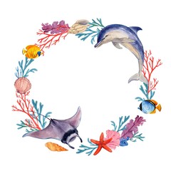 Wreath of marine animals. Watercolor frame of corals, algae, fish, dolphins and rays. Clipart for design in tropical style.