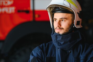 Wall Mural - Photo of fireman with gas mask and helmet near fire engine