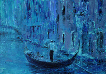 Poster - Blue art painting of the gondola in Venice Italy