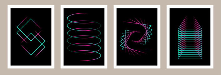 Aufkleber - Creative layout design set. Abstract wavy rings line, geometric shape in glitch vibrant light isolated on black background. Creative design template social media poster, music or science catalog
