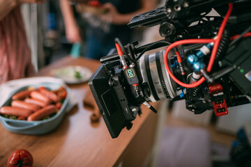 Professional shooting of food, food products in advertising and cinema. Close-up. The work of a food stylist on the set.