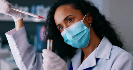 Poster - Face mask, scientist and blood test tube for vaccine research, science exam or healthcare solution. Doctor woman, medical analysis and covid 19, dna sample or red liquid investigation in laboratory