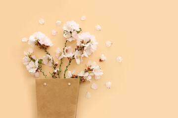 Wall Mural - image of spring white cherry blossoms tree over yellow pastel background