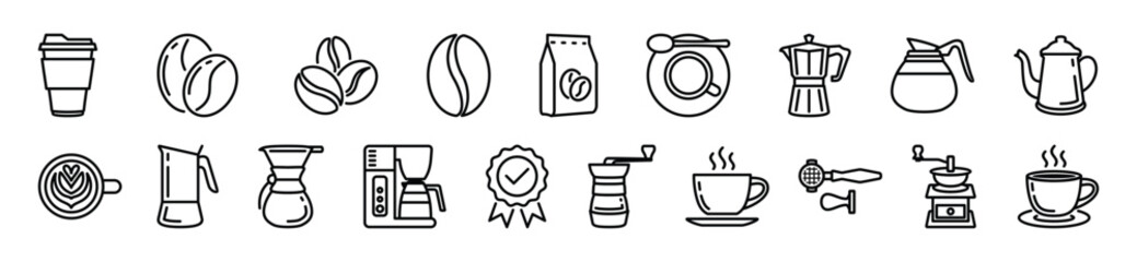 Coffee icons vector set. Coffee icon collection with editable stroke. Coffee bean, drinks, cup, coffeepot, package, grinder, filter, machine, certified, portafilter, and other. Symbol illustration