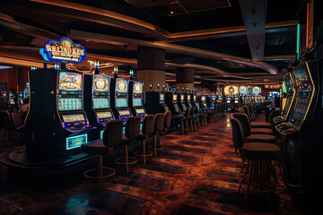 Wall Mural - Luxury casino interior with slot machines. Gambling addiction. Created with Generative AI