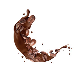 Wall Mural - Coffee beans with chocolate splashes on a transparent background