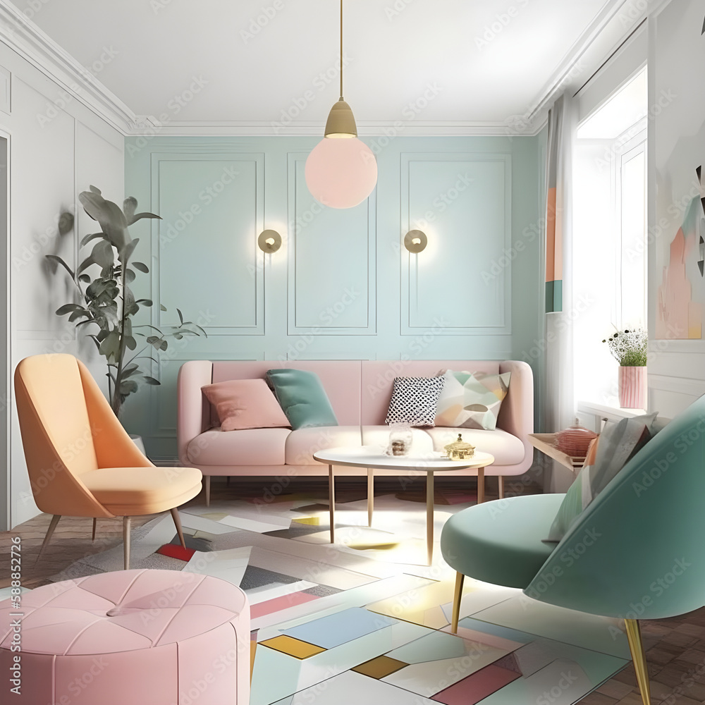 Generattive ai ilustrations, living room design, in color pastel Stock ...