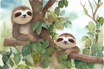 illustration of two baby sloths on tree. Generative AI