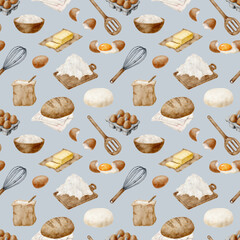 Watercolor baking ingredients and tools seamless pattern. Hand drawn flour, eggs, butter, whisk, dough on light blue backgrund. Cooking utensils. Pastry products, supplies. Design for bakery, package