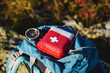 Compass first aid kit are in a backpack, a navigator in the taiga, a first aid kit in emergency situations, a white cross, medicines in a red bag.