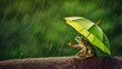 Playful Frog with Umbrella Amidst Raindrops, Endearing Scene Emphasizing Motion and Vibrant Colors, 16:9 Aspect Ratio, Generative AI Illustration