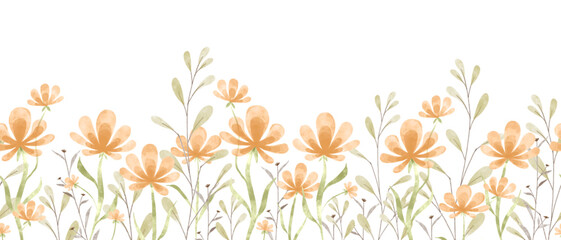 Floral summer horizontal pattern with daisies wildflowers. Watercolor hand drawn isolated illustration border, meadow or floral background for your design.