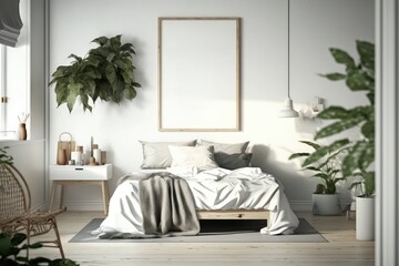 Wall Mural - Interior of modern bedroom with white walls, wooden floor, comfortable king size bed with gray linen and vertical mock up poster frame