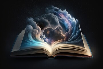 Open book with galaxy milky way stars other dimention. ai generative