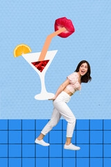 Vertical bright collage picture poster postcard of crazy cheerful girl go spending weekend friday mood isolated on drawing background