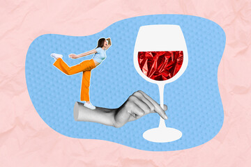 Poster - Photo collage of young searching alcohol festival party girl hold painted wine glass drink gourmet sauvignon blanc isolated on pink blue background