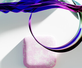 Poster - Flying abstract figures. Cloth fabric gradient waves abstract background. Iridescent glass wavy surface. Liquid surface, ripples, reflections. 3d render illustration.