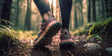 Fototapeta Natura - Close-up of a woman's trail running shoes as she strolls down a wooded path. Generative AI