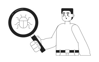 Fototapete - Bug tester with magnifying glass black and white concept vector spot illustration. Editable 2D flat monochrome cartoon character for web design. Creative line art idea for website, mobile, blog