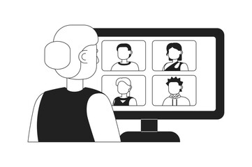 Poster - Online meeting for remote workers 2D vector monochrome isolated spot illustration. Flat black and white character on cartoon background. Thin line editable scene for mobile, website, magazine
