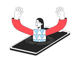 Poster - cell phone obsession line concept vector spot illustration. editable 2d flat colour cartoon characte
