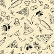 Line art hand drawn seamless pattern with pizza slices, garlic, pepper, tomatoes, olives in black lines on orange backdrop. Minimalistic simple fast food background