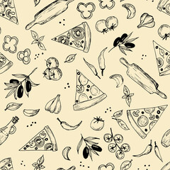line art hand drawn seamless pattern with pizza slices, garlic, pepper, tomatoes, olives in black li