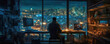 Tech nerd sits on a large desk in his chair in a tech-packed penthouse room overlooking a city skyline at night, Web Banner, Background, Generative AI
