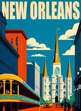 Vintage 1950s Poster Of New Orleans Featuring Iconic Landmarks Such As The French Quarter And St Louis Cathedral. Bright Blue Sky With White Clouds, Vibrant Colors And Flat Design. Generative AI