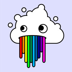 Wall Mural - Cute cartoon cloud with rainbow vomit. Cloud illustration sticker. Vector illustration isolated on background.