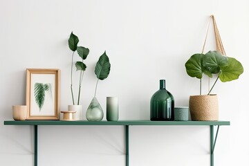 Wall Mural - Two minimalist green decorations are displayed on a shelf on a white wall. Generative AI