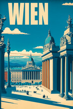 Vintage 1950s Poster Of The City Of Vienna With Famous Monuments In The Background. 