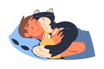 Wall Mural - Young Man Character with His Favorite Cat Pet Lying on Pillow in Bed Vector Illustration