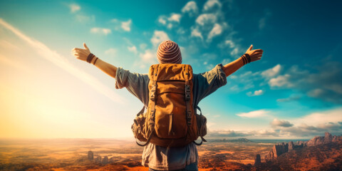 Happy tourist with backpack enjoying freedom raising arms up, AI