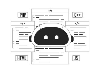 Poster - AI-assisted coding black and white concept vector spot illustration. Editable 2D flat monochrome cartoon scene for web design. Programming line art idea for website, mobile. Bebas Neue font used